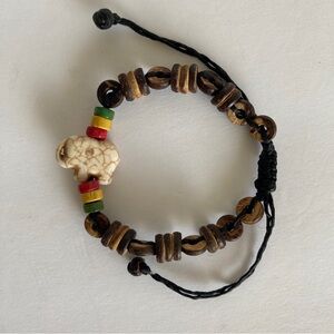 Elephant Rasta Bracelet Cord Macrame Adjustable Wooden Bead Green Yellow Red